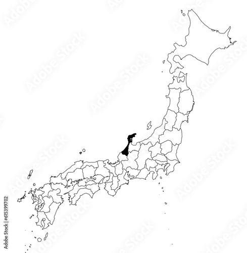 Vector map of the prefecture of Ishikawa highlighted highlighted in black on the map of Japan.