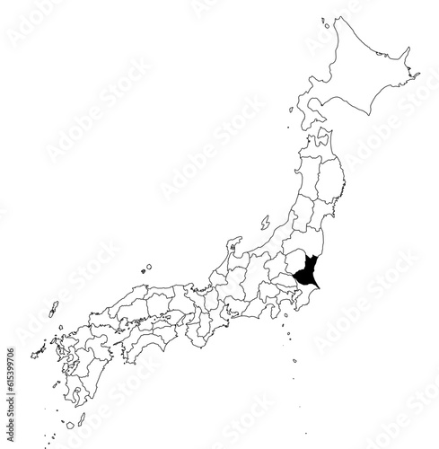 Vector map of the prefecture of Ibaraki highlighted highlighted in black on the map of Japan.