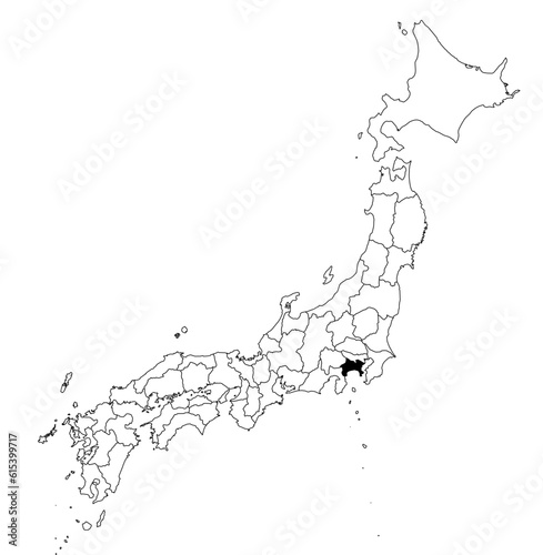 Vector map of the prefecture of Kanagawa highlighted highlighted in black on the map of Japan.