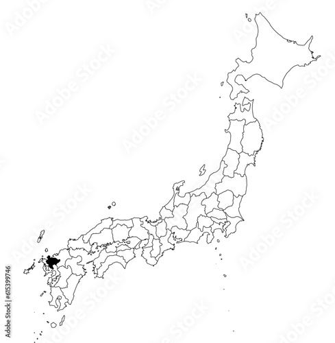 Vector map of the prefecture of Saga highlighted highlighted in black on the map of Japan.