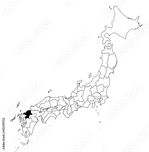 Vector map of the prefecture of Fukuoka highlighted highlighted in black on the map of Japan.