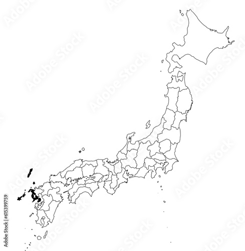 Vector map of the prefecture of Nagasaki highlighted highlighted in black on the map of Japan.