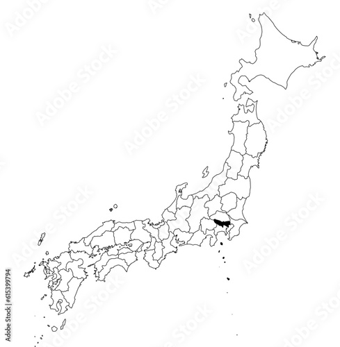 Vector map of the prefecture of Tokyo highlighted highlighted in black on the map of Japan.