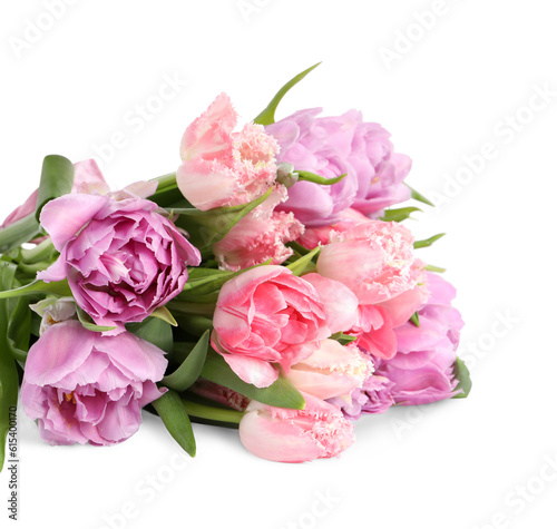 Beautiful bouquet of colorful tulip flowers on white background