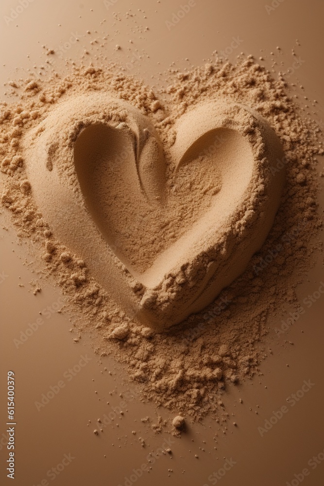 Sand heart. Flat lay on a minimalist beige and brown background. Generative Ai Sand heart. Flat lay on a minimalist beige and brown background. Generative Ai