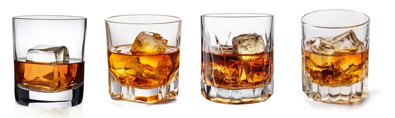 Set of glass of whiskey or whisky or american Kentucky bourbon with its reflection on the plane. isolated on transparent