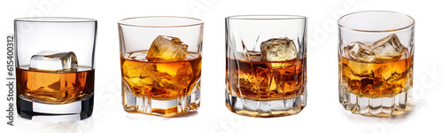Fotografiet Set of glass of whiskey or whisky or american Kentucky bourbon with its reflection on the plane