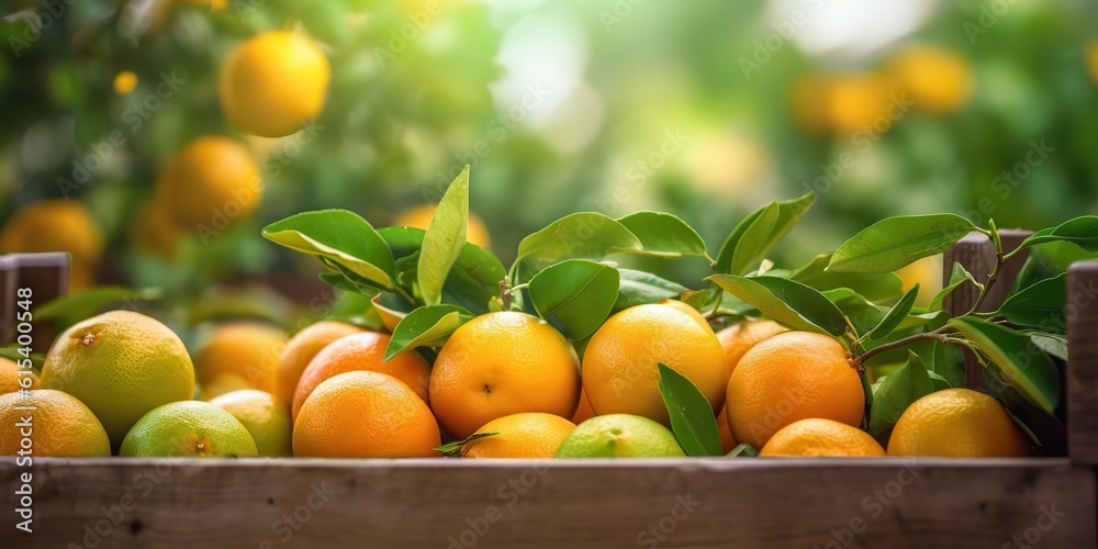 AI Generated. AI Generative. Wood box of fresh oranges. Farm harvest eco nature organic fruit health product. Graphic Art