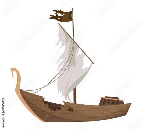 Broken ship icon. Cartoon wooden battered ship with tattered flag and sails after wreck or attack. Destroyed, wreck ship isolated on white background