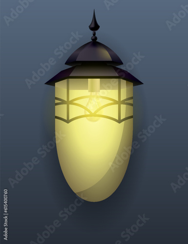 Garden lamp. Classic street lamp. Outdoor lighting of city. Vintage urban design. Outdoor wall garden light lamp style. Street light. Old style metal electricity lamp