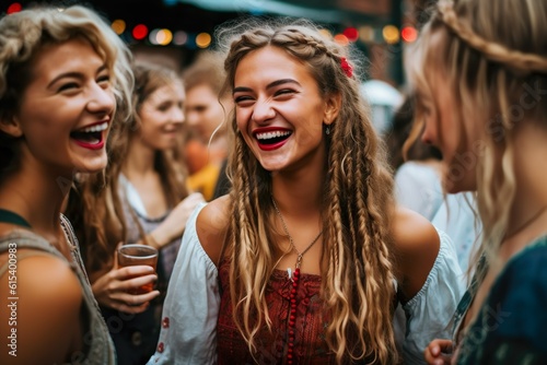 Youthful Oktoberfest Joy: Young Models in Dirndl Enjoying Festivities, Laughing, and Having Fun Together, Generative AI