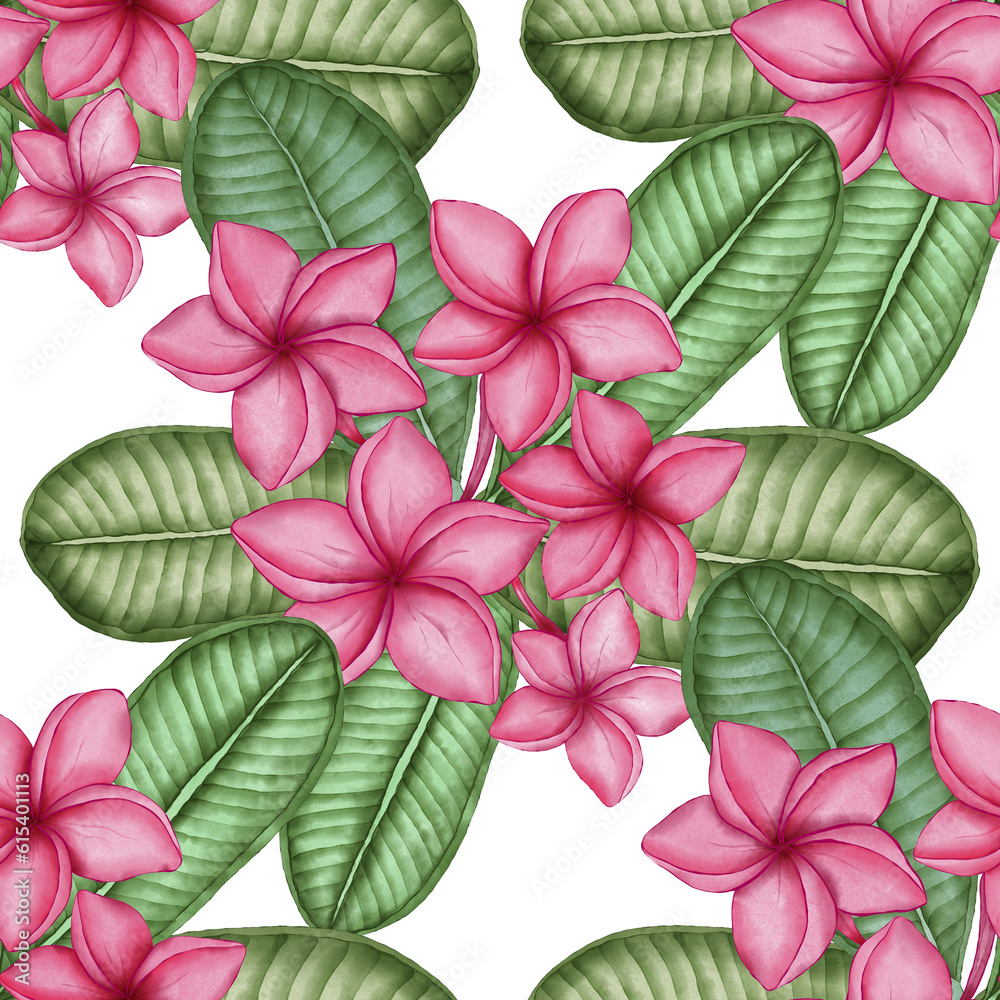 Watercolor seamless pattern with tropical flowers. Beautiful allover print with hand drawn exotic plants. Swimwear botanical design.	