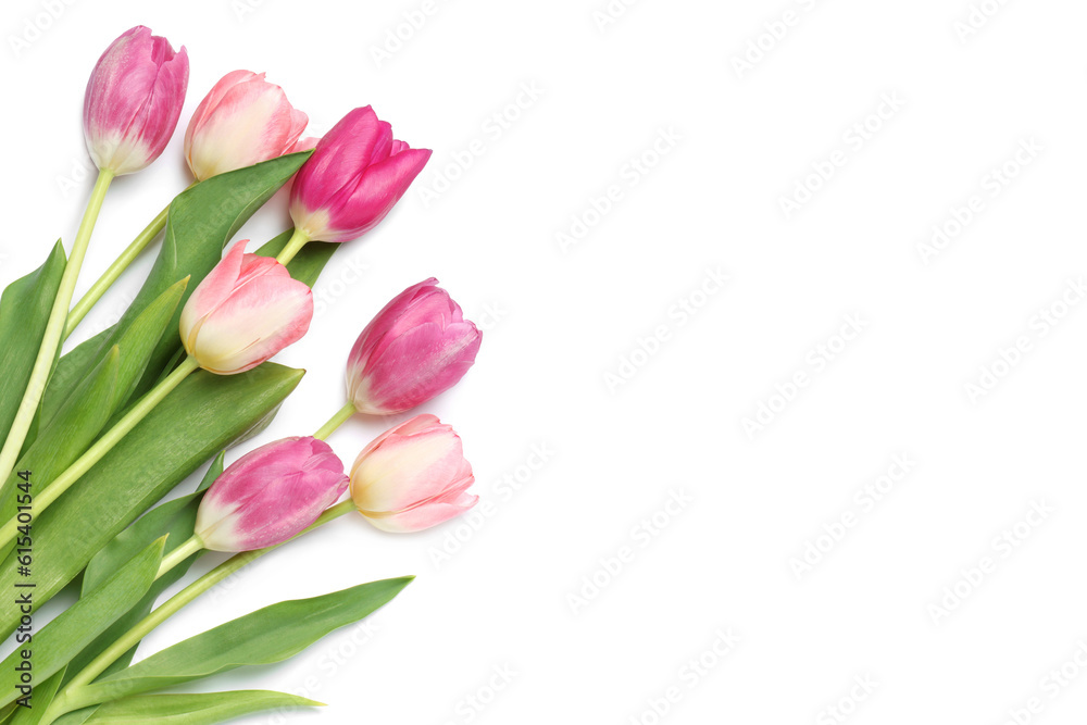 Beautiful pink tulip flowers isolated on white, top view Beautiful pink tulip flowers isolated on white, top view