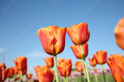 Beautiful red tulip flowers growing against blue sky  closeup