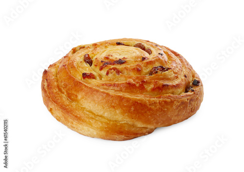 Freshly baked spiral pastry with raisins isolated on white