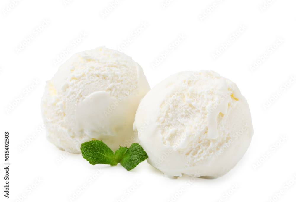 Delicious vanilla ice cream with mint isolated on white Delicious vanilla ice cream with mint isolated on white