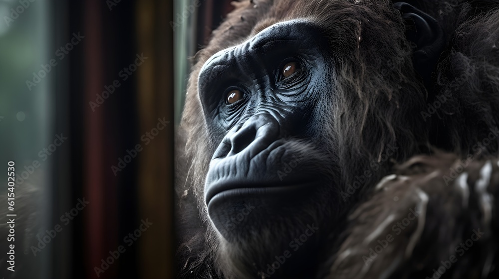 close up photo of a Gorilla behind window train. Created with Generative AI Technology