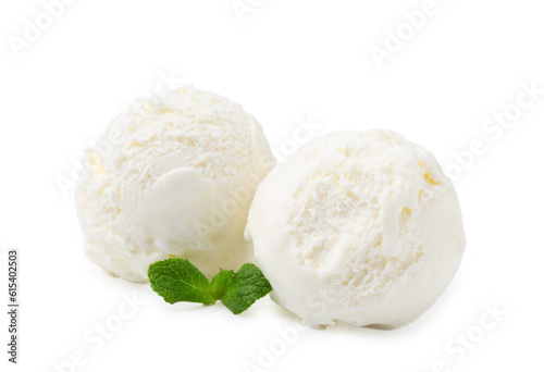 Delicious vanilla ice cream with mint isolated on white