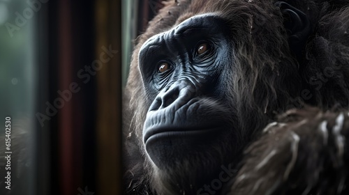 close up photo of a Gorilla behind window train. Created with Generative AI Technology