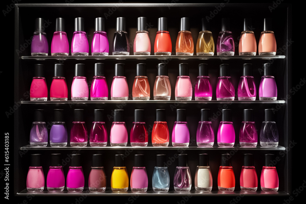 A collection of nail polish glass bottles is expertly arranged on a shelf, showcasing a captivating gradient of vibrant colors. Generative AI. A collection of nail polish glass bottles is expertly arranged on a shelf, showcasing a captivating gradient of vibrant colors. Generative AI.