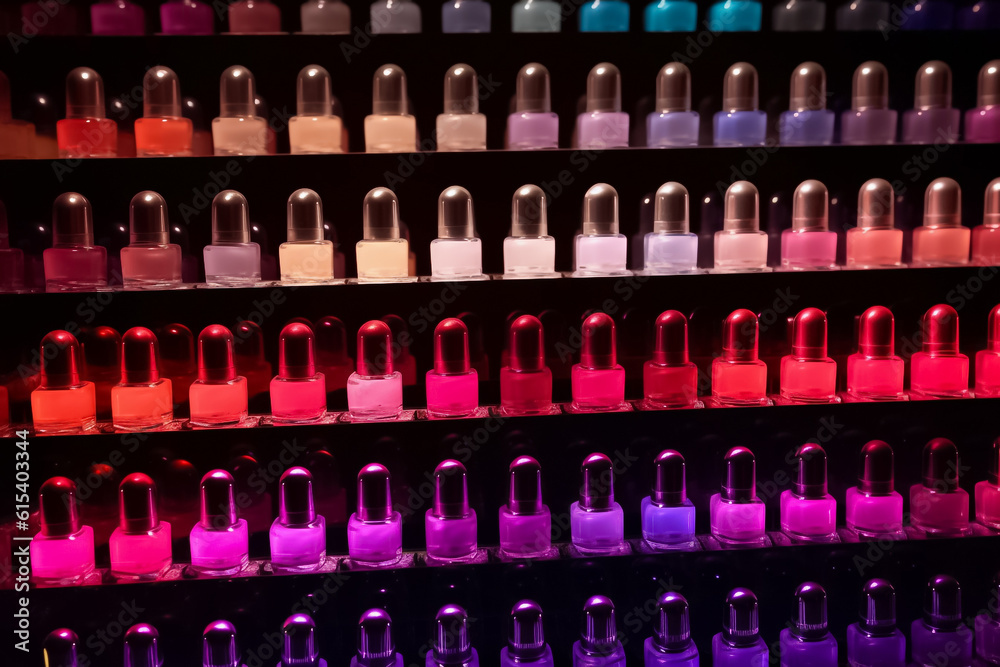 A collection of nail polish glass bottles is expertly arranged on a shelf, showcasing a captivating gradient of vibrant colors. Generative AI.