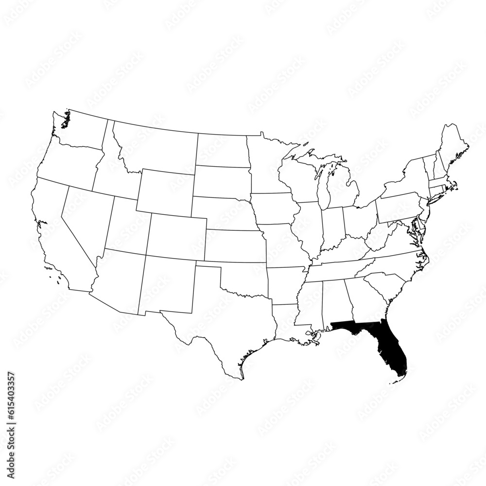 Vector map of the state of Florida highlighted highlighted in black on the map of the United States of America.
