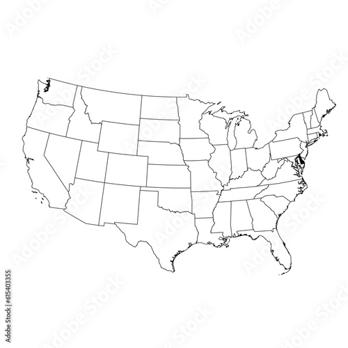 Vector map of the state of Delaware highlighted highlighted in black on the map of the United States of America.