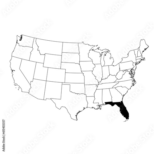 Vector map of the state of Florida highlighted highlighted in black on the map of the United States of America.