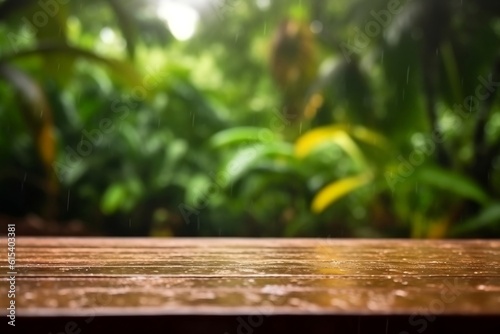 Rainy Tropical Setting Empty Wooden Table  Generative AI