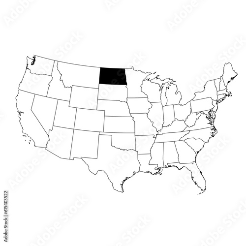 Vector map of the state of North Dakota highlighted highlighted in black on the map of the United States of America.