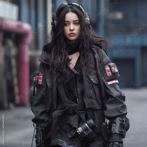 Sexy woman in black military uniform and cap standing on the road. Portrait of a female security guard in a black uniform. Girl in a Cyberpunk style. Portrait of a beautiful girl in a military clothes © Valua Vitaly