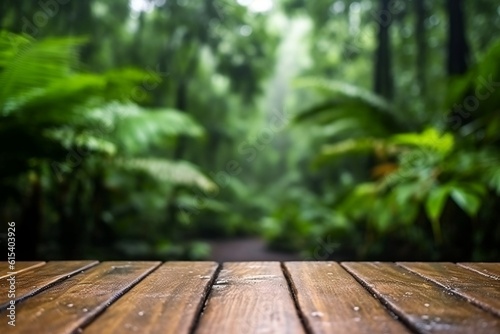 Rainy Tropical Setting Empty Wooden Table  Generative AI