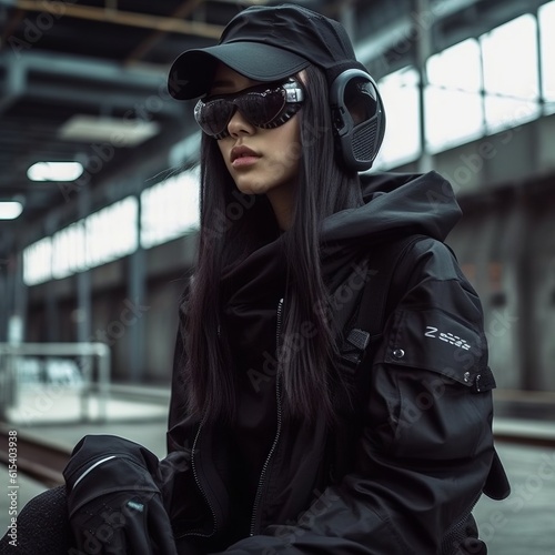 Sexy woman in black military uniform and cap standing on the road. Portrait of a female security guard in a black uniform. Girl in a Cyberpunk style. Portrait of a beautiful girl in a military clothes © Valua Vitaly