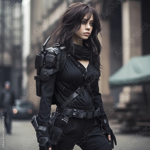 Cyberpunk style. Beautiful young woman in black futuristic costume. Beautiful brunette woman in tech wear costume in the city. Portrait of a beautiful girl in a military clothes. AI generated