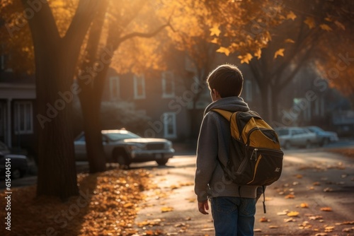 Small boy walking by the street with his school backpack. Generative AI