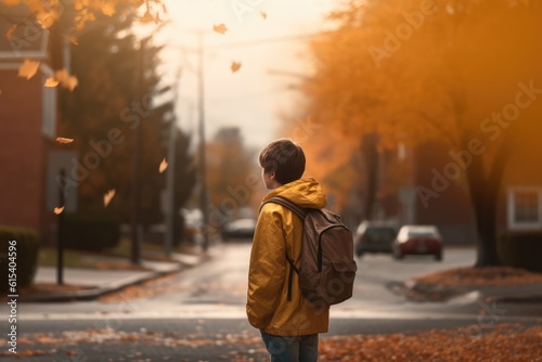 Small boy walking by the street with his school backpack. Generative AI