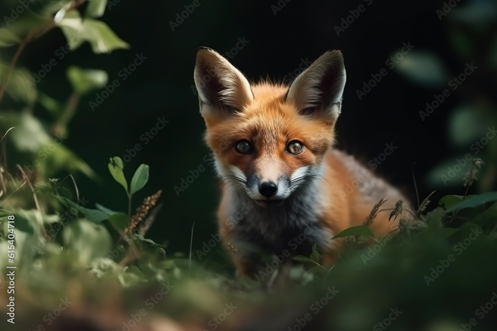 Fox cub in nature on summer forest background. Ai generated Fox cub in nature on summer forest background. Ai generated