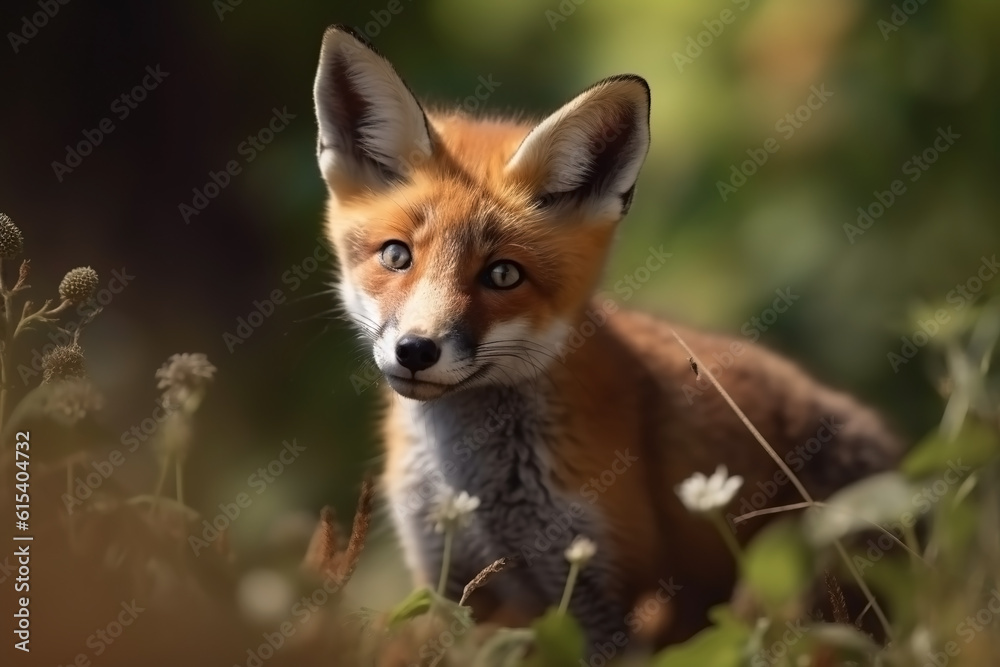 Fox cub in nature on summer forest background. Closeup animal portrait. Ai generated Fox cub in nature on summer forest background. Closeup animal portrait. Ai generated