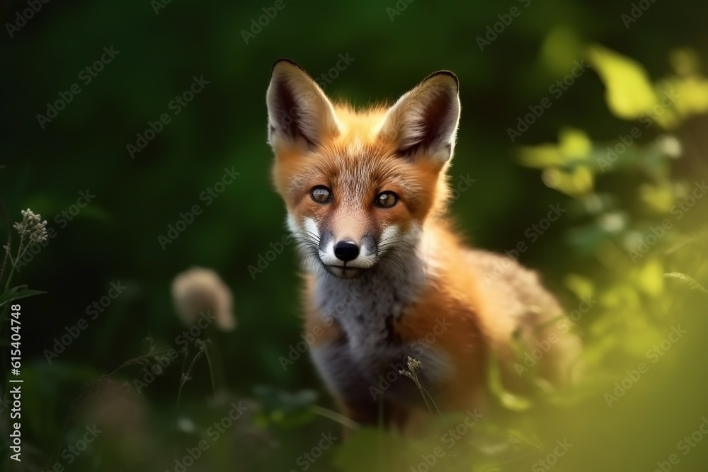 Fox cub in nature on summer forest background. Ai generated Fox cub in nature on summer forest background. Ai generated