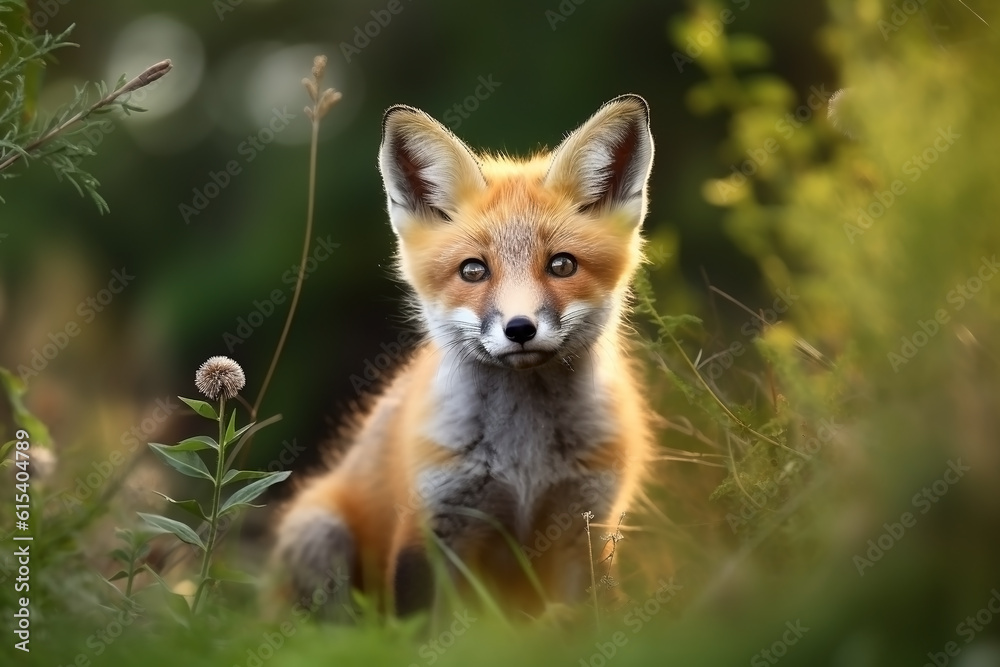 Fox cub in nature on summer forest background. Closeup animal portrait. Ai generated Fox cub in nature on summer forest background. Closeup animal portrait. Ai generated