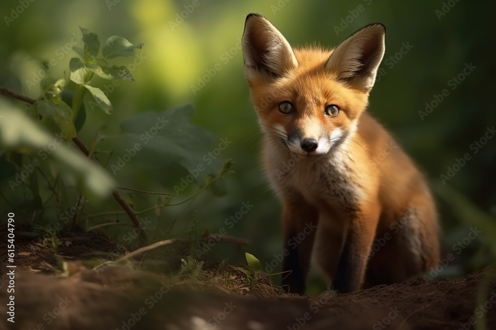 Fox cub in nature on summer forest background. Closeup animal portrait. Ai generated Fox cub in nature on summer forest background. Closeup animal portrait. Ai generated
