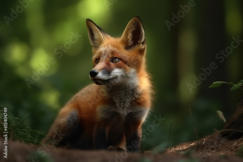 Fox cub in nature on summer forest background. Ai generated