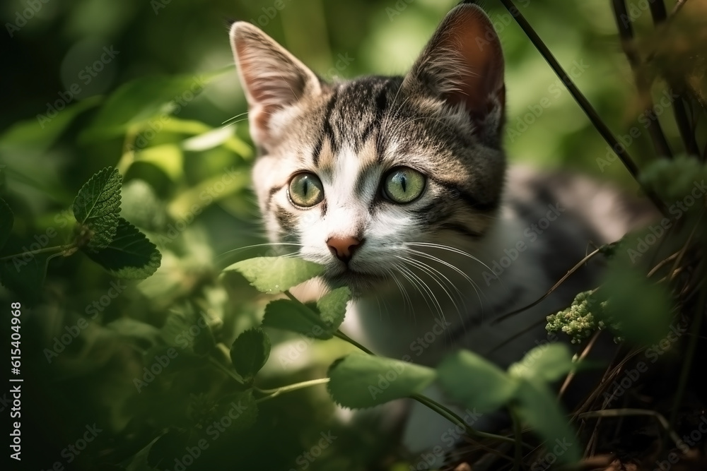 Kitty in nature on summer forest background. Closeup animal portrait. Ai generated Kitty in nature on summer forest background. Closeup animal portrait. Ai generated