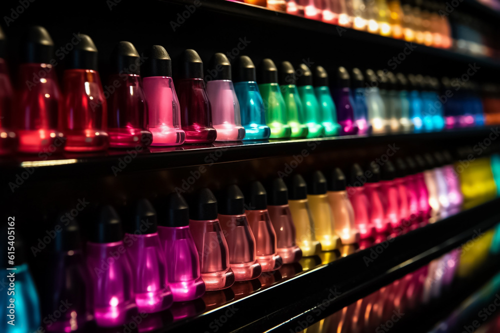a visually pleasing arrangement of nail polish glass bottles presents a stunning gradient of colors. Powered by Generative AI. a visually pleasing arrangement of nail polish glass bottles presents a stunning gradient of colors. Powered by Generative AI.
