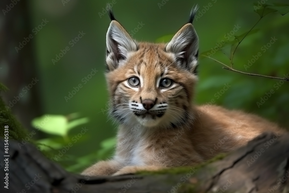 Lynx cub in nature on summer forest background. Closeup animal portrait. Ai generated Lynx cub in nature on summer forest background. Closeup animal portrait. Ai generated