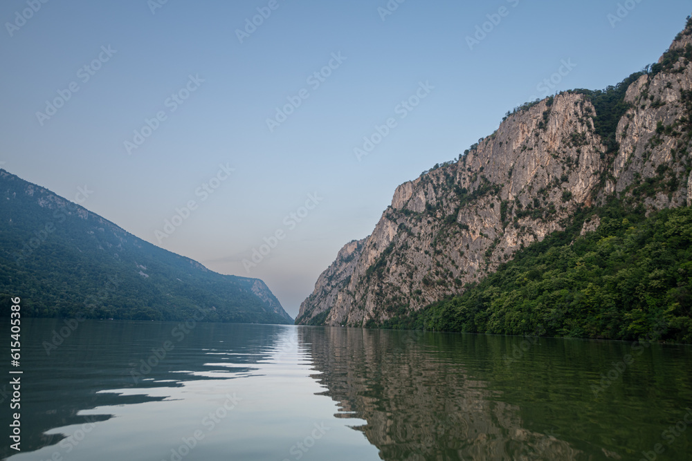 Danube Gorges (Cazanele Dunarii in Romanian language) landscape photo from above during a beautiful sunrise Travel to Romania.