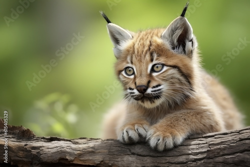 Lynx cub in nature on summer forest background. Closeup animal portrait. Ai generated