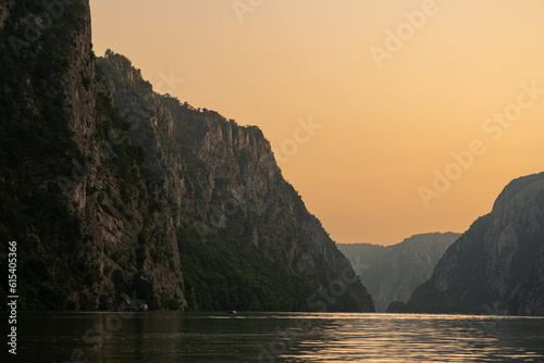 Danube Gorges (Cazanele Dunarii in Romanian language) landscape photo from above during a beautiful sunrise Travel to Romania.