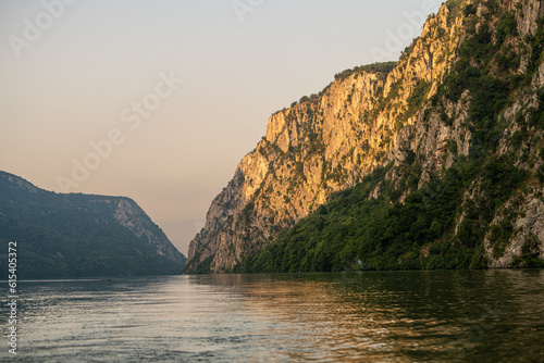 Danube Gorges (Cazanele Dunarii in Romanian language) landscape photo from above during a beautiful sunrise Travel to Romania.