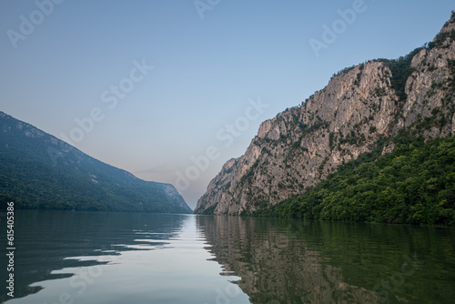 Danube Gorges (Cazanele Dunarii in Romanian language) landscape photo from above during a beautiful sunrise Travel to Romania. © Dragoș Asaftei